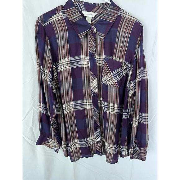 CJ Banks Tops - New With Tags! CJ Banks purple navy brown plaid button up, Women’s XL casual